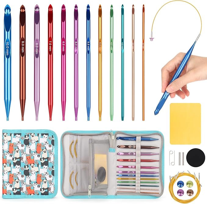 Aeelike Interchangeable Tunisian Crochet Hooks Set, 12 Sizes Colorful Tunisian Crochet Hooks Set with Cables 3.0mm - 10.0mm Smooth Ergonomic Hook for Making Blanket Scarves, Ideal Gift