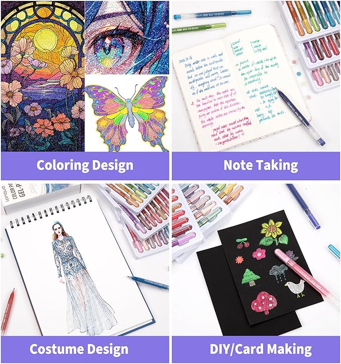 Glitter Gel Pens, 24 Pack Colored Pens for Black Paper & White Paper, 1.0mm Point Pens, Large Capacity Ink Pens for Coloring, Writing, Drawing, Journaling, Note Taking, Office, Home