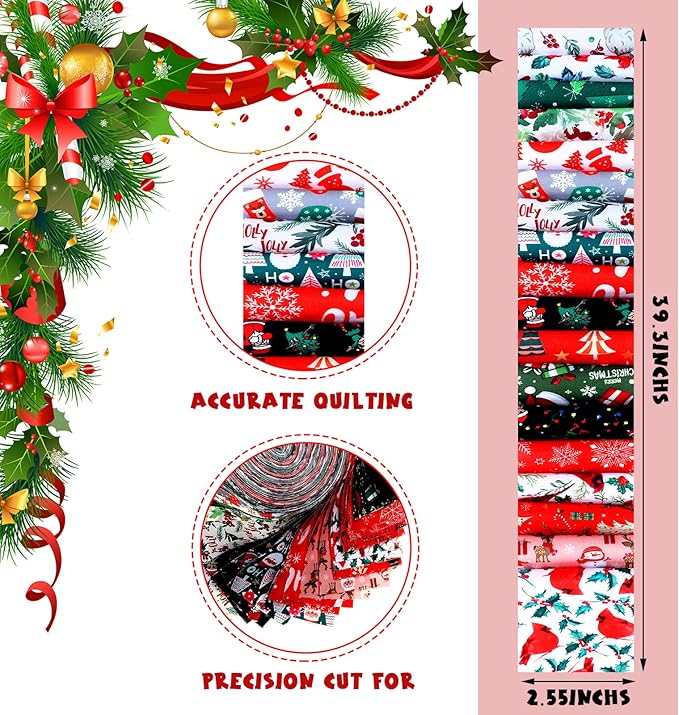 Tegeme 40 Pcs Christmas Jelly Fabric for Quilting Strips, 2.55 Inch Xmas roll, Red and Green Precut Fabric Patchwork Rolls for Quilting and Sewing DIY Crafts (Vivid Style)