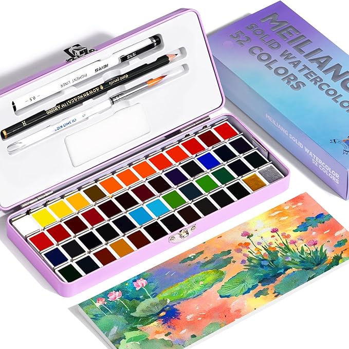 Travel Watercolor Set, 52 Colors Watercolor Paint with 1 Drawing Pencil, 1 Paint Brush, 5 Watercolor Paper, 1 Sponge & 1 Black Drawing Pen, Water Colors Paint Adults Set, Purple Case