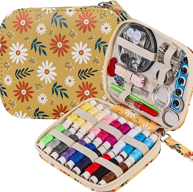Sewing Project Kits Printing Mini Professional Sewing Kit Daisy Pattern Basic Travel Sewing Kit for Adults,Arts Craft DIY,Emergency, Home Beginners
