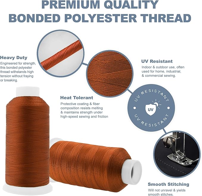 Mandala Crafts Burnt Orange Heavy Duty Thread - 1500 Yds Tex 70 Bonded Polyester Threads for Sewing Drapery, Jeans, Leather, Hair, Outdoor Marine Upholstery