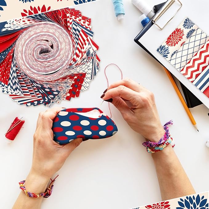 Ganeen 100 Pcs Patriotic Quilting Fabric Roll 2.56 Inch Retro 4th of July Fabric Squares Jelly Patchwork Precut Strips Bundles for Memorial Day Holiday Materials Craft DIY Sewing Cloths