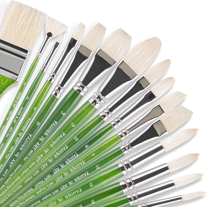 Falling in Art Natural Bristle Professional Paintbrush Set, 15PCS Long Handle Brushes for Acrylic Painting, Oil Paint Brushes of Fan, Round, Flat, Angled, and, Filbert with Storage Pouch, Green