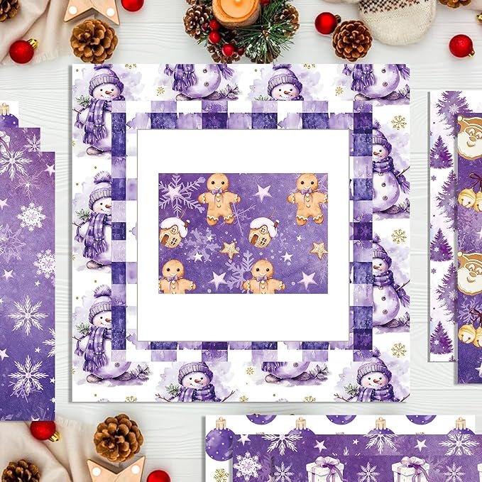 24 Sheets Christmas Scrapbook Paper 12'' × 12'' Double-Sided Watercolor Xmas Purple Pattern Paper Decorative Art Cardstock for Holiday DIY Crafts Card Making Scrapbook Supplies