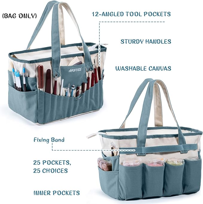 APOFFICE Pottery Tools Bag with Pockets for Clay Sculpting Tools, Ceramic Tools– Art Supply Organizer for Polymer Clay Tools, Craft Tote, Yarn & Crochet Storage, Washable Canvas Artist Bag Gift