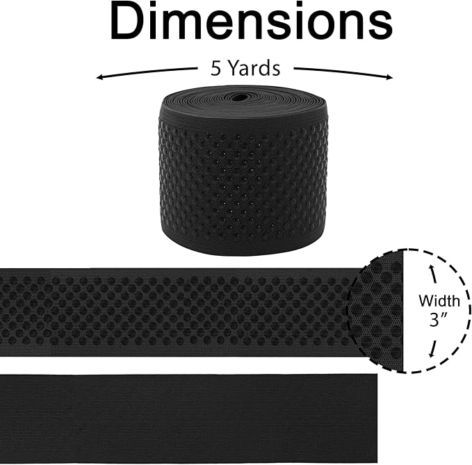 Mandala Crafts 3 Inch Elastic Silicone Gripper Tape for Clothing - 5 Yds Dotted Non Slip Elastic Band for Sewing - Black Silicone Flat Fabric Stretchy Ribbon Straps