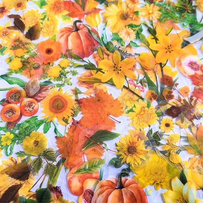 Yoksas Nature Fall Foliage Wildflower Stickers - 100Pcs Aesthetic Clear Yellow Mushroom Pumpkin Flower Stickers for Scrapbooking, Journaling, Retro Art, Resin Crafts