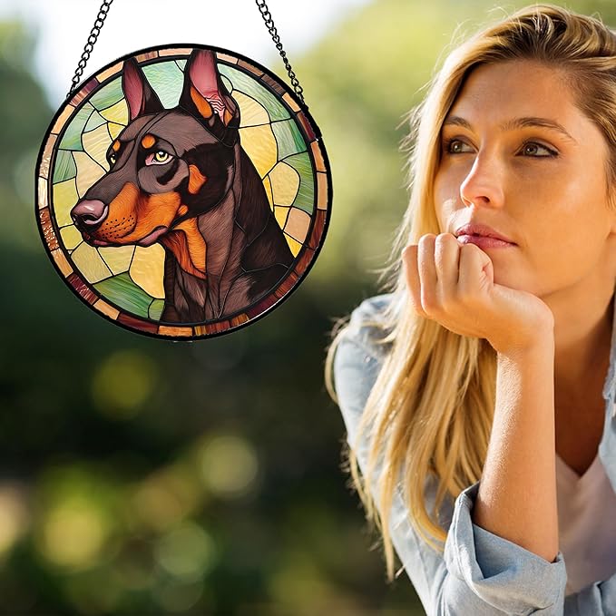 Stained Glass Window Hanging - Funny Dark Brown Doberman Pinscher Suncatcher for Door Terrace Garden Home Decor, Pet Dog Sun Catcher Birthday Gifts for Lovers Women Men Dad Mom Nana 7.8 in