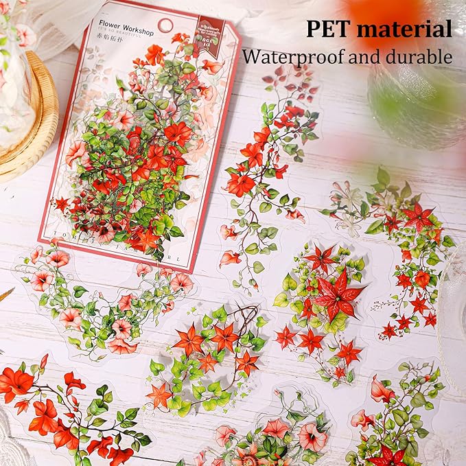 Floral Vine PET Stickers – 60PCS Vintage Botanical Design, Waterproof & Pre-Cut, Large Size for Journals, Junk Journals, Scrapbooking, and Craft