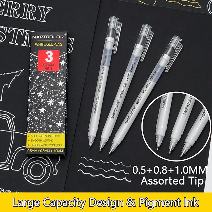 White Gel Pens, 05/08/10mm Assorted Tip Opaque Archival Ink Pen for Journaling, Art, or Drawing - For Holiday Gifts & DIY Projects, White Gel Pens for Art Highlight, 3 Pack