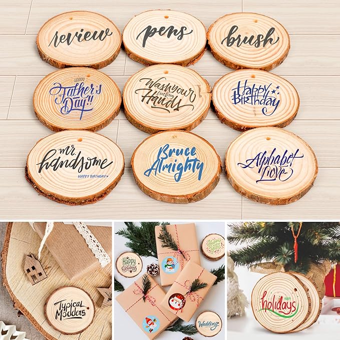 54Pcs Wood Slices, LOOFORE 2.4"-2.8" Unfinished Natural Wood Rounds with Pre-drilled Hole, for Burning Painting DIY Crafts Christmas Ornaments Party Wedding Decor
