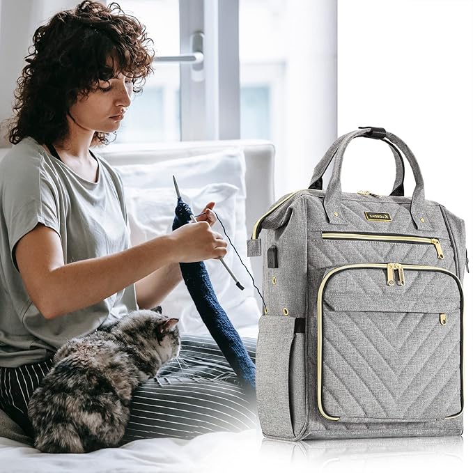 Knitting Bag Backpack, Crochet Bag Tote with USB Charging Port, Yarn Storage Organizer, Christmas Gifts Crochet Lovers Gift, Yarn Storage Tote Bag for Knitting & Crochet Accessories, Grey