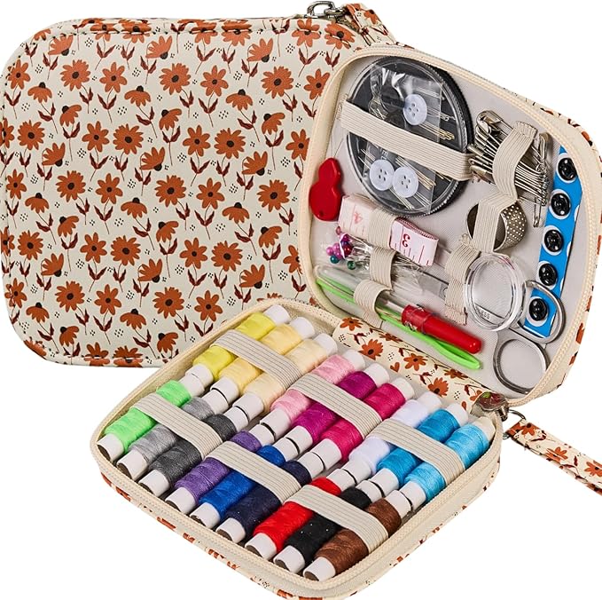 Printing Sewing Kit Maple Leaf Pattern Sewing Set Mini Travel Sewing Kit for Adults 87 PCS Professional Basic Sewing Supplies Accessory for Emergency, Home