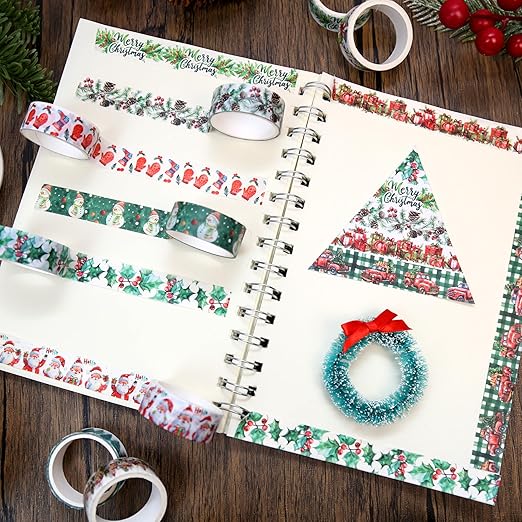 Christmas Washi Tape Set,12 Rolls Floral Watercolor Plants Decorative Tape Santa Claus Snowman Gift Masking Tape for Journaling Supplies,Journal, Scrapbooking,DIY Arts & Crafts,Gift Wrapping