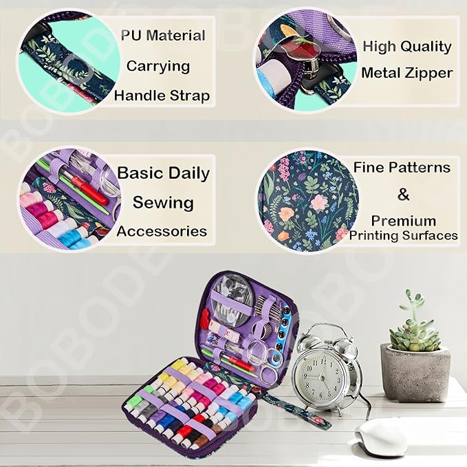 Bobode Sewing Project Kits Mini Sewing Kit Printing Needle and Thread Set (Tulips Pattern Travel Sewing Kit for Adults,Professional Basic Sewing Supplies for Arts Craft DIY,Emergency, Home Beginners)