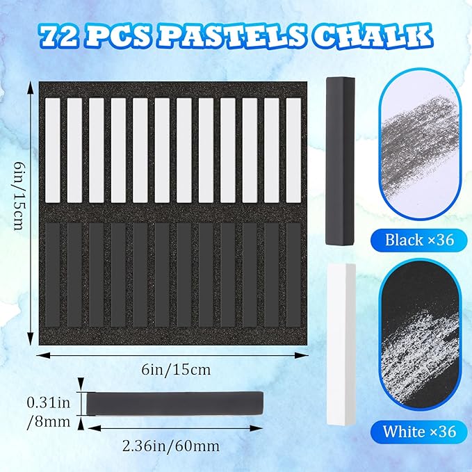 72 Pcs Soft Chalk Pastels Set Square Sketch Chalk Soft Pastel for Artists Non-toxic Artist Pastel Sticks for Professional Artists and Art Lovers(Black, White)