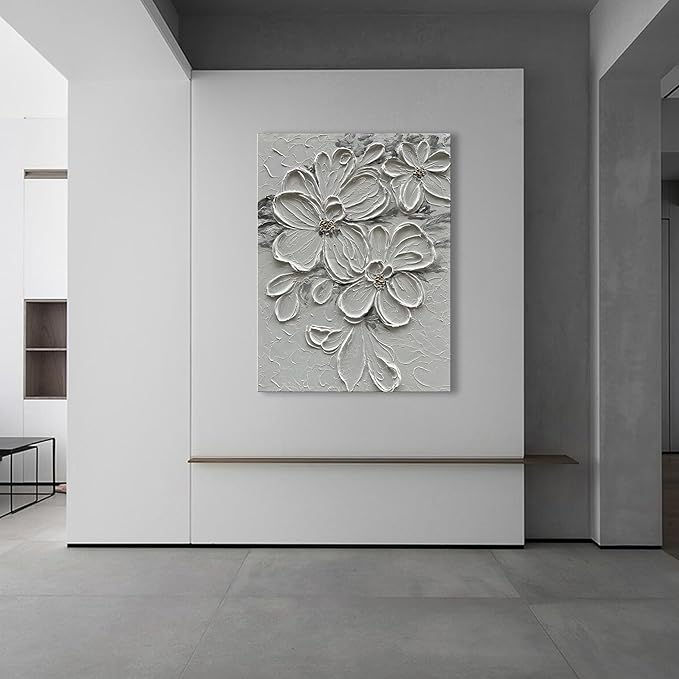 Hand-Painted White Flower Texture Art - 40x28 inches Modern Abstract Home Wall Decorative Art