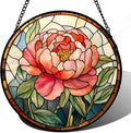 Stained Glass Window Hanging - Pink Peony Floral Suncatcher for Door Garden Yard Birth Flower Sun Catchers Decor Christmas Mother's Day Birthday Gifts for Women Mom Nana Wife Teacher 7.8 in