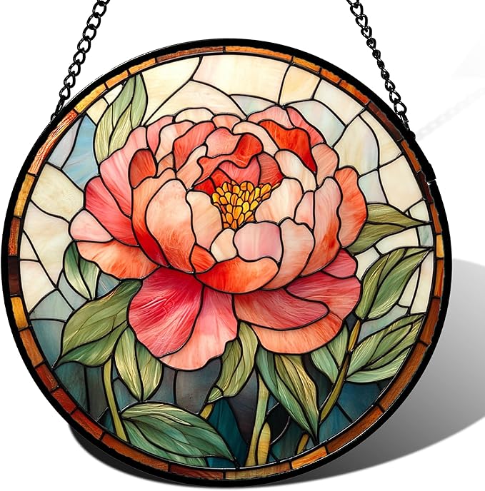 Stained Glass Window Hanging - Pink Peony Floral Suncatcher for Door Garden Yard Birth Flower Sun Catchers Decor Christmas Mother's Day Birthday Gifts for Women Mom Nana Wife Teacher 7.8 in