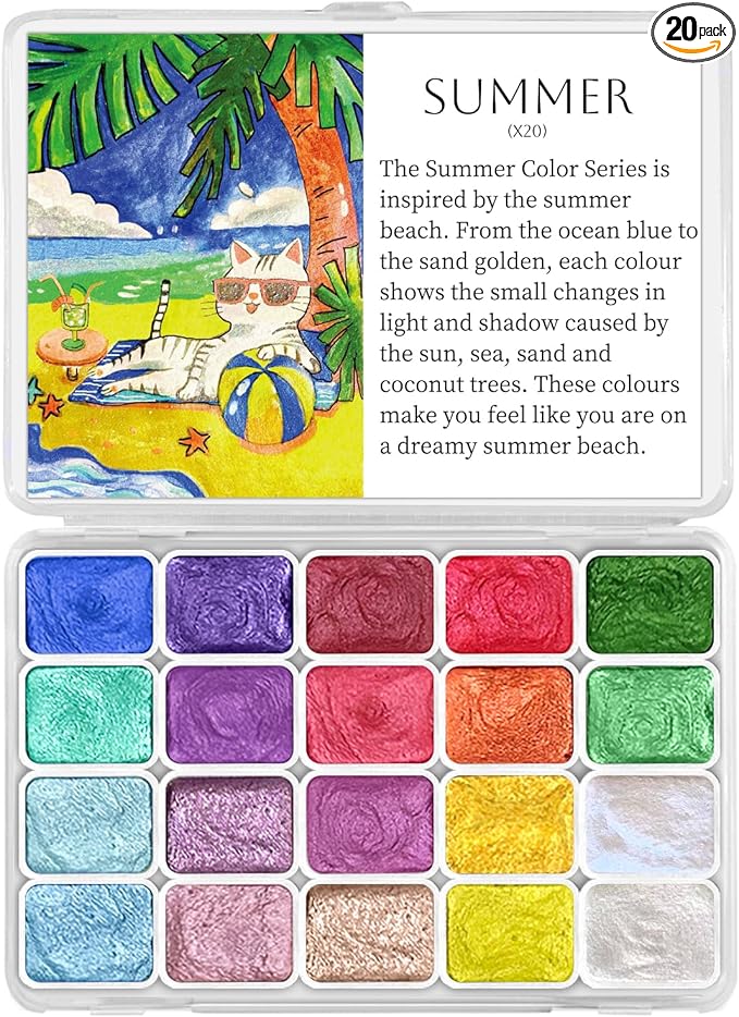Mini Glitter Watercolor Paint Set, 20 Colors Shimmer Metallic Watercolour Painting Sets, Solid Pearl Water Color Paints for Adult, 1ml Trial Pack(Summer)