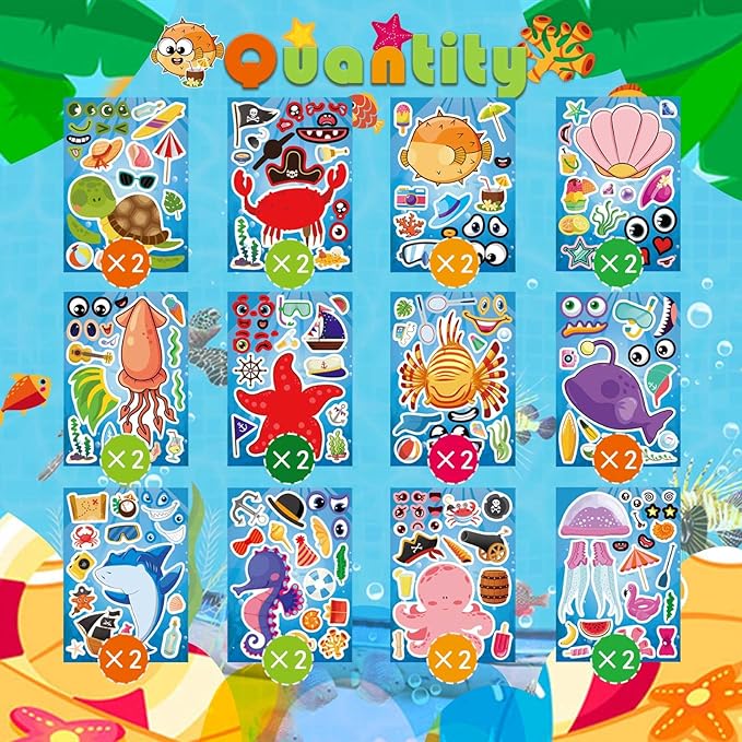 24 Sheets Make Your Own Sea Animals Stickers for Kids Toddlers, Make-a-face Stickers, Ocean Animals Stickers for Kids Party Favors Activities