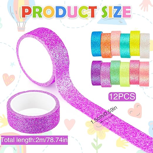 TIESOME 12 Rolls Glitter Washi Tape Set, 15mm Macaron Cute Colored Masking Tape, Decorative Masking Tapes for DIY, Scrapbook, Journal, Gift Wrapping, Crafts