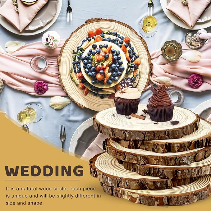 FSWCCK 6 Pack Nature Unfinished Round Wood Slices, 7-8 Inches Wooden Circle, Large Wood Slabs for Weddings Centerpieces Decor and DIY Painting Crafts