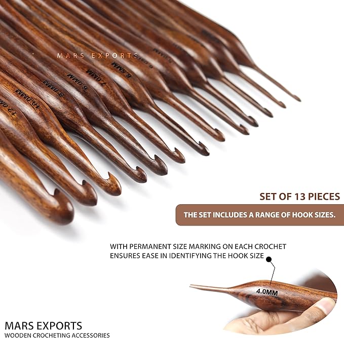 13 Pieces Premium Wooden Crochet Hooks, Crochets Hooks Set for Knitting and Crocheting - Rosewood Knitting Needles (1)