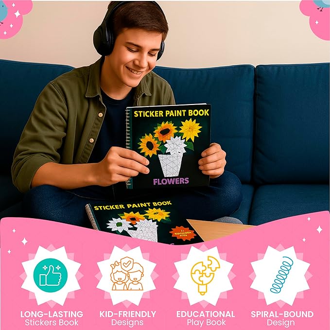 BulbaCraft 4Pcs Sticker Paint Books for Adults - Sticker Books by Number - Coloring Activity for Adults