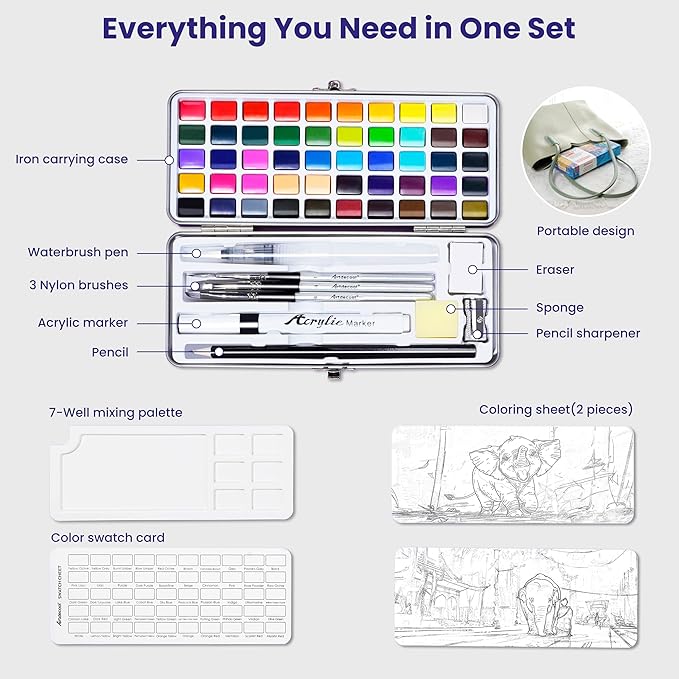 Watercolor Paint Set, 50 Colors, 4 Brushes, 3 Swatch Cards, Palette, Acrylic Marker Pen, and Accessories Included, All in One Portable Travel Watercolor Kit, Art Supplies Gift for Beginners, Adults, Artists, and Hobbyists
