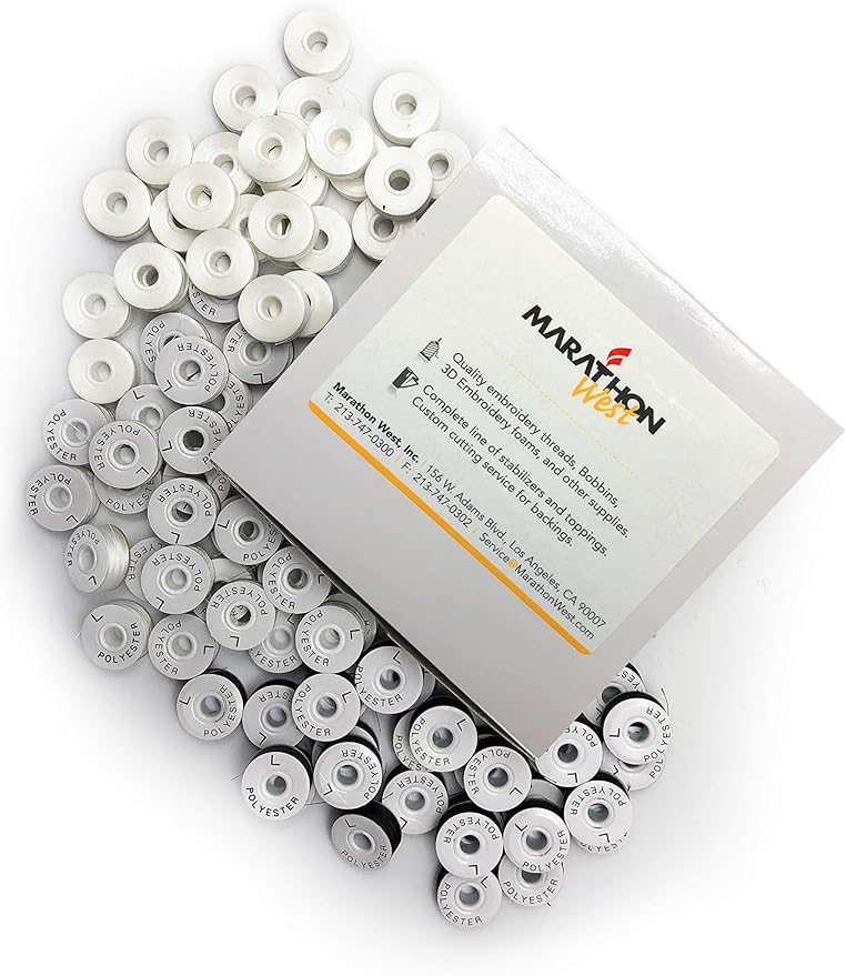Marathon 100% Polyester Sideless Prewound Embroidery Bobbin Style L Size 144 YDS/Bobbin (White)
