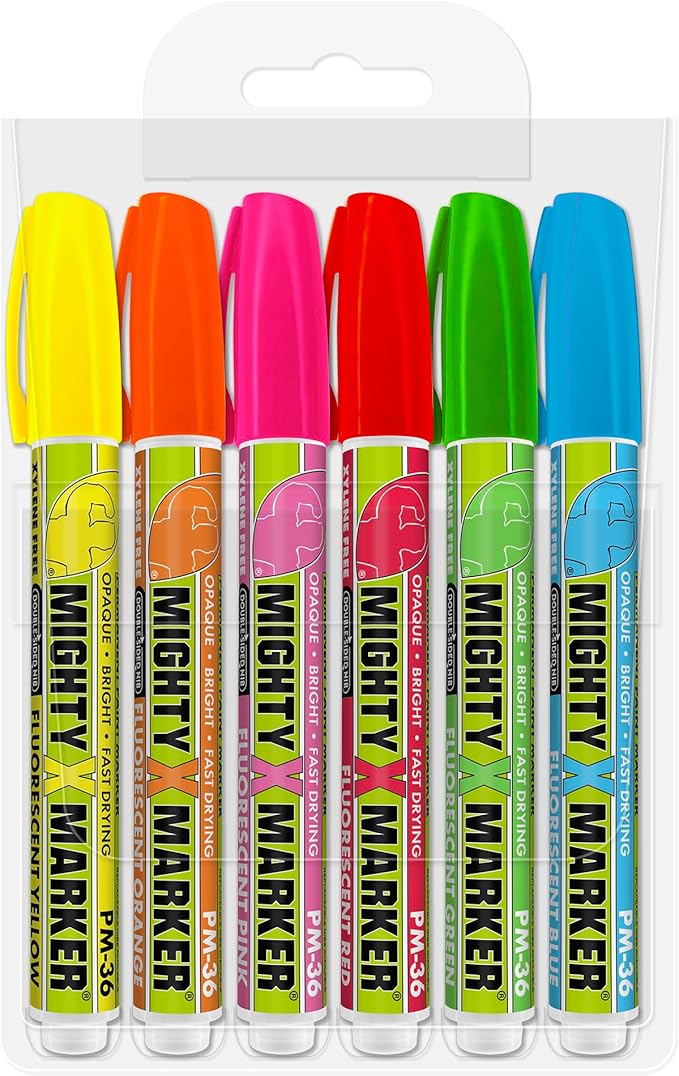 PM-36 Paint Marker, 2.3mm Bullet Tip, Permanent & Waterproof, DIY Crafts, Drawing, Glass, Ceramic, Stone, 6 Bonus Reversible Tips, Made in USA, Flourescent Assorted 6 Pack