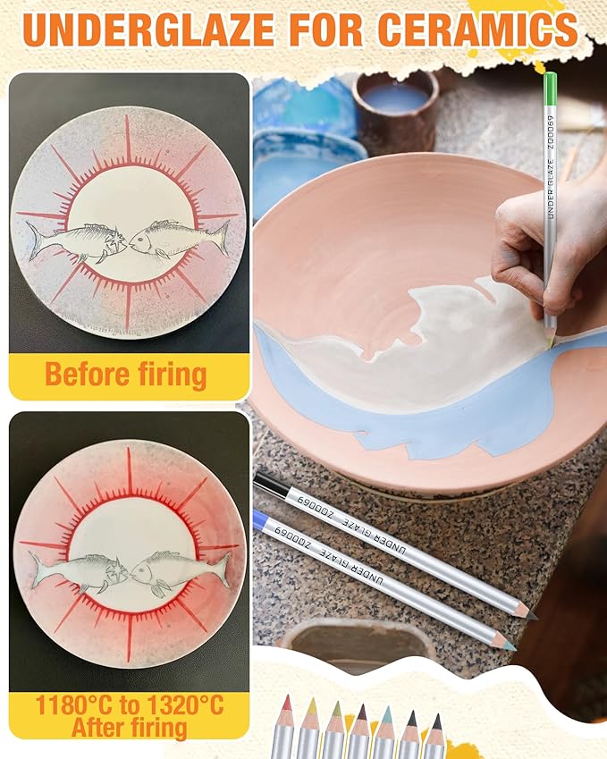 Affrolling 14 Pcs Underglaze Pencil Kits 7 Pcs Multicolor Underglaze Pottery Pen for Ceramics with Blending Stump Pencil Extenders Sharpener Pen Case for Decorating Under Ceramic Pottery Bisque Ware