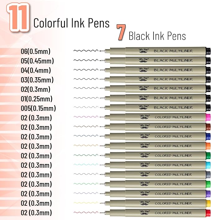 Mr. Pen- Drawing Pens for Artists, 18 Pack, Black Ink Multiliner, Colorful 0.3mm Artist Pens