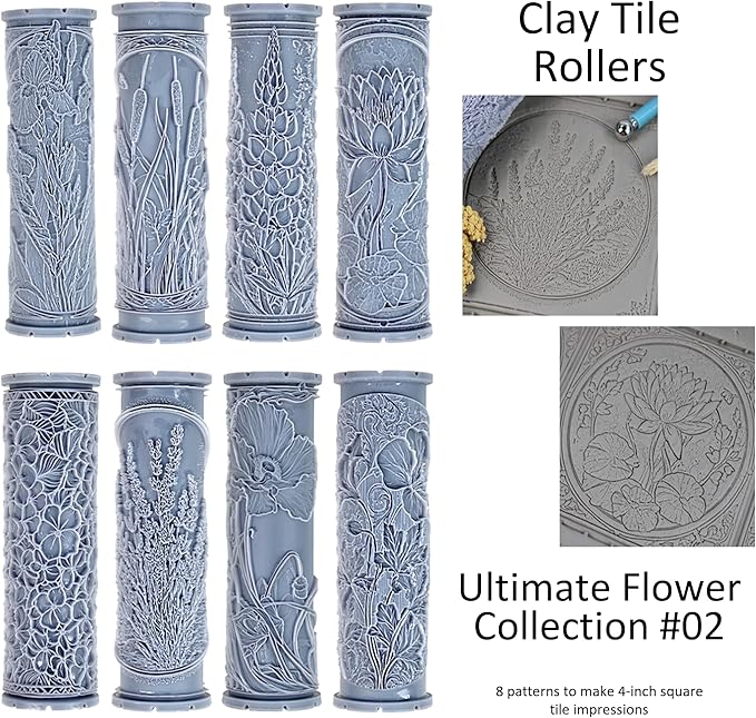 Ultimate Flower 8-Set Clay Texture Rollers (4") - Flower Set #02 - Embossing Pattern Rollers for Polymer & Ceramic Clay, Pottery & Crafts