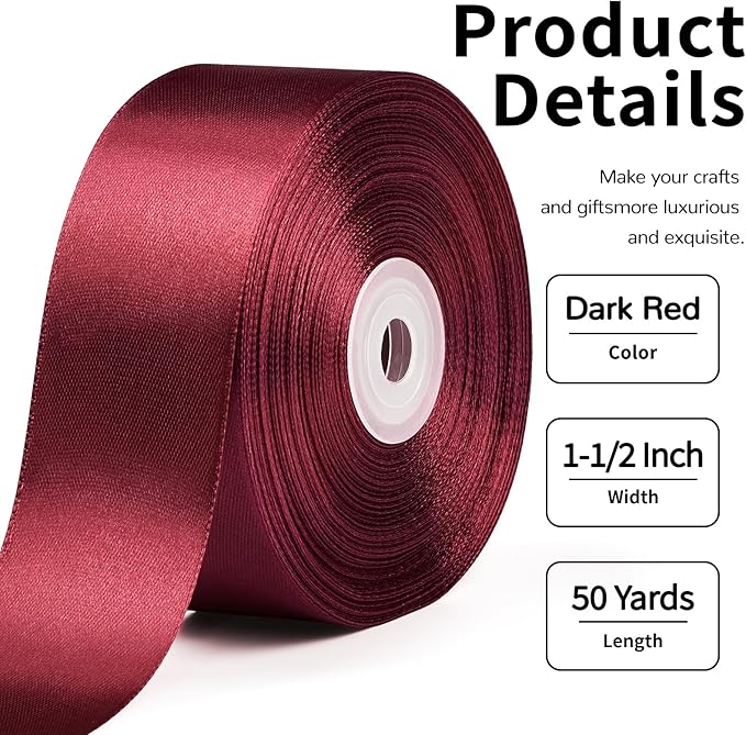 1-1/2 Inch Wide Dark Red Satin Ribbon, 50 Yards Solid Polyester Fabric Ribbon for Roses Making, Gift Wrapping, Valentine's Day, Wedding Decorations, Crafts, Bows, Flower Bouquets