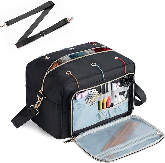 Crochet Bag, Yarn Storage Organizer with Adjustable Shoulder Straps, Yarn Bag for Crochet Accessories, Knitting Needles & Crochet Hooks
