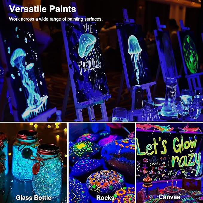 AUREUO Glow in the Dark Acrylic Paint, 8 Colors x 2 Fl Oz / 60ml Neon UV Black Light Paints for Rocks, Wood, Craft, Canvas, Paint Party Supplies