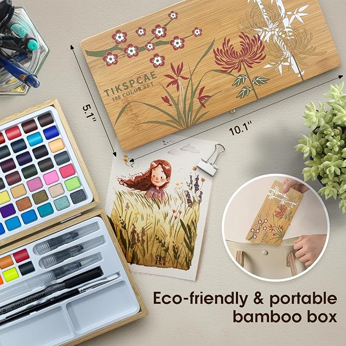 Watercolor Paint Set,100 Colors in Nature Bamboo Box,Portable Water Colors Kit with Papers and Brush Pens,Suitable for Adults, Art Students & Painting Enthusiasts