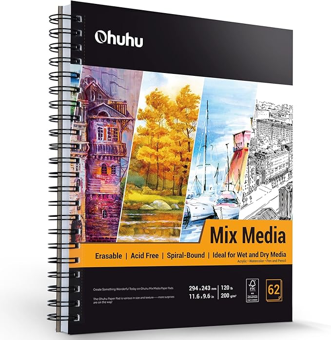 Ohuhu Mix Media Pad, 11.6"x9.6" Mixed Media Art Sketchbook, 120 lb/200 gsm Heavyweight Papers, 62 Sheets/124 Pages, Spiral Bound Mixed Media Paper Pad for Acrylic, Painting Christmas Gift