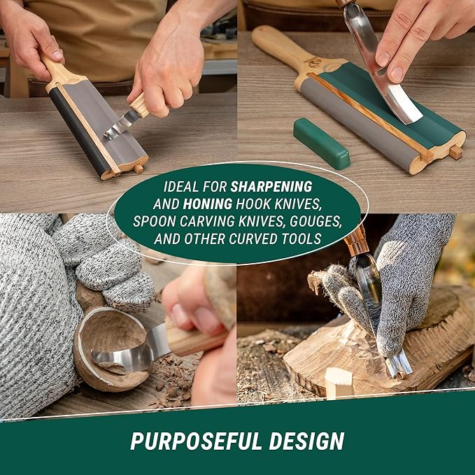 BeaverCraft LS5P1 Wood Carving Strop Wood Carving Gouge Hook Knife Sharpening Honing Tools Strop Stropping Kit Leather Paddle Strop Spoon Carving Tools Sharpening Kit Sharpener with Polishing Compound