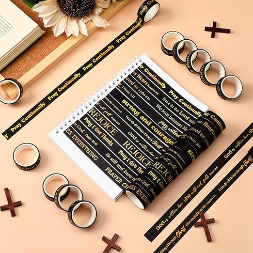 Janlaugh 24 Rolls Christian Washi Tape for Bible Journaling Gifts Bulk Religious Inspirational Scripture Supplies Black Bible Verse Washi Tape for Study Crafting New Year DIY Gifts
