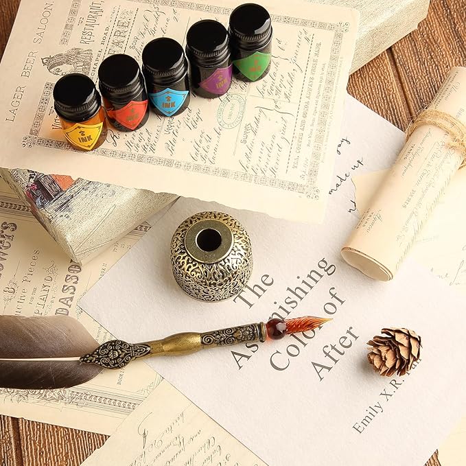GC QUILL Feather Glass Dip Pen and Ink Set, Glass Calligraphy Pen with 5 Colors Ink and Pen Holder for Writing Drawing– MU-21