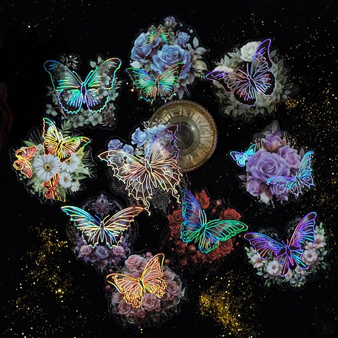 Yoksas 60Pcs Vintage Gothic Holographic Shiny Butterfly Flower Stickers - Clear Waterproof Dark Spooky Butterfly Stickers for Scrapbooking,Junk Journals,Witchcraft Supplies