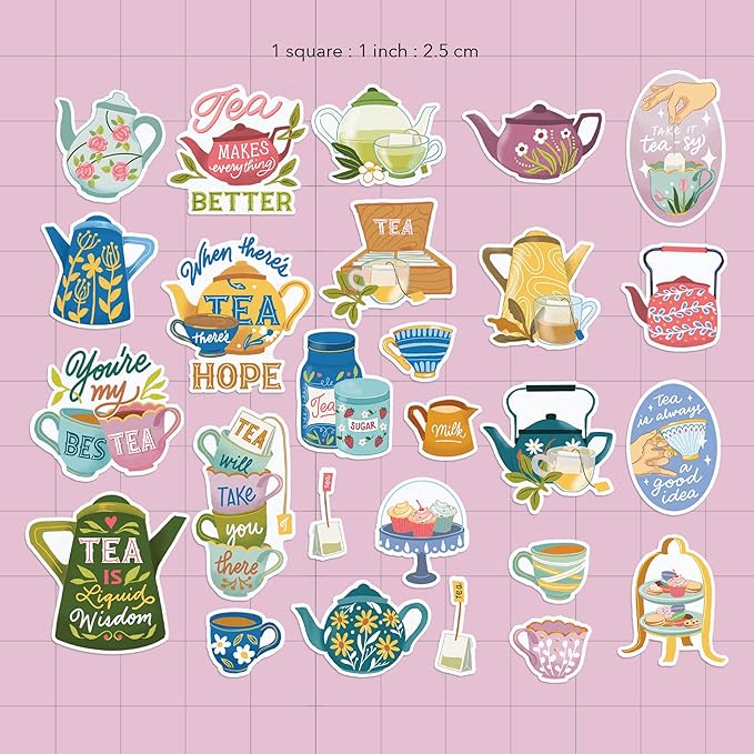 Navy Peony Calming Tea Stickers (26 Pieces) - Relatable Quotes, Gouache Style, Waterproof | Cute Tea Party Stickers for Cups, Laptops, and Journals