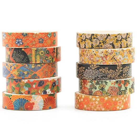 10 Rolls Ukiyo-e Style Washi Tape Set Japanese Kyoto Arts Adhesive Tapes Skinny Decorative Masking Tape Sets for Craft, Kids, Scrapbook, DIY, Gift Wrapping (Artisan Spirit)