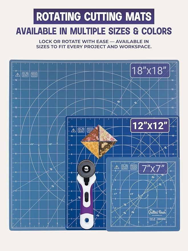 The Quilted Bear Rotating Cutting Mat 12" x 12" - Locking & Rotating Self Healing Cutting Board for Sewing, Fabric & Quilting - 360 Degree Sewing Supplies Mat for Craft Table (Blue)