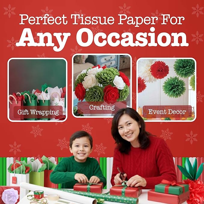 Ocean Tides 30 Sheets (20x26 Inches) Christmas Wrapping Paper – Gift Wrapping Tissue Paper Bulk for Crafts, Birthdays & Holidays – Colored Tissue Papers for Gift Bags & Decorations, Red, White, Green