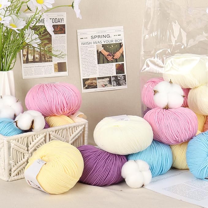 Katech 20 Skeins Cotton Yarn for Crocheting-55% Cotton 45% Acrylic-4 Medium (Worsted)-Super Soft Milk Cotton Yarn-Great Crochet and Knitting Starter Kit for Colorful Craft（Color B）
